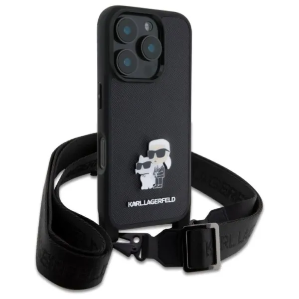 Karl Lagerfeld Saffiano Karl & Choupette Metal Pin CBDY Strap - Case for iPhone 16 Pro Max (black)