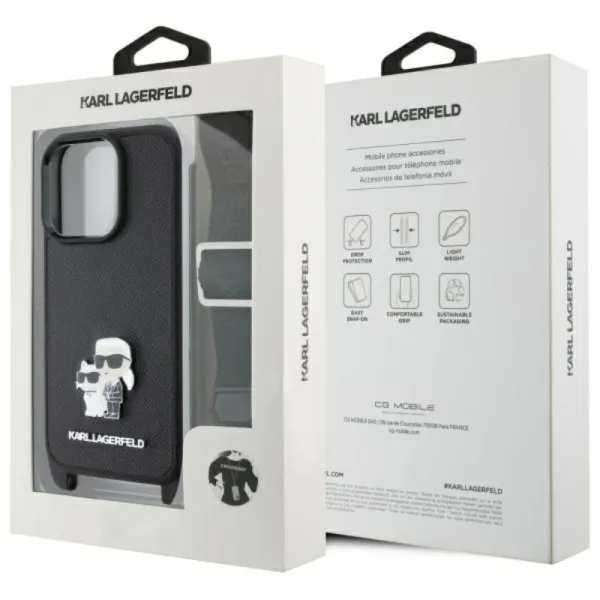 Karl Lagerfeld Saffiano Karl & Choupette Metal Pin CBDY Strap - Case for iPhone 16 Pro Max (black)
