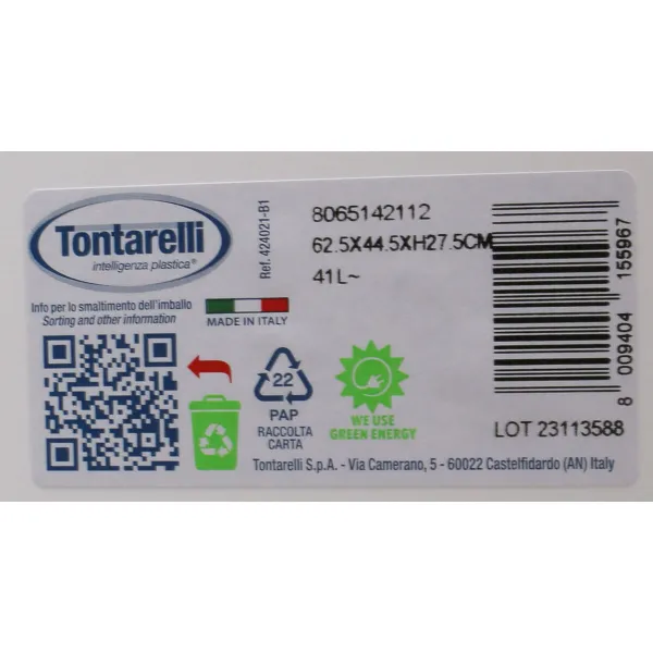 Laundry basket Tontarelli Cover line With handles Plastic White 62,5 x 44,5 x 27,5 cm (12 Units)