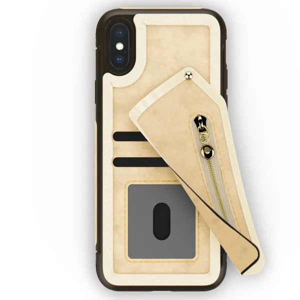 Zizo Nebula Wallet Case - Wallet Back and Zipper Pouch with Tempered Glass Screen Protector for iPhone X (Tan/Brown)