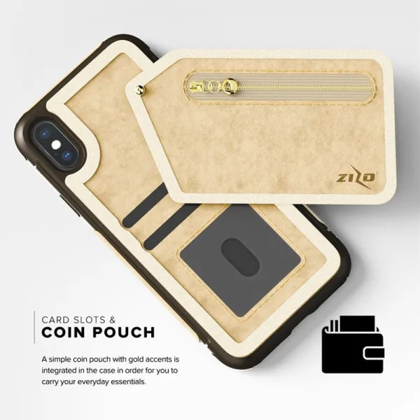 Zizo Nebula Wallet Case - Wallet Back and Zipper Pouch with Tempered Glass Screen Protector for iPhone X (Tan/Brown)