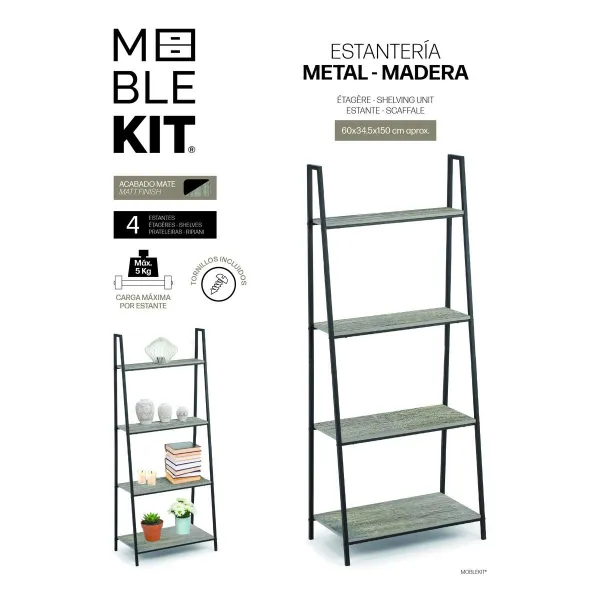 Plaukti MobleKit Melns Pelēks Koks Metāls 60 x 34,5 x 150 cm (3 gb.)