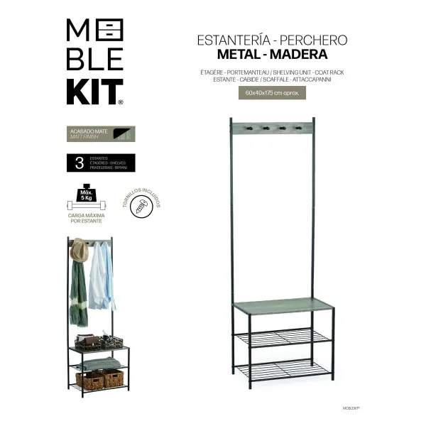 Paltai su lentyna MobleKit Juoda Pilka Medžio Metalinis 160 x 40 x 175 cm (3 vnt.)