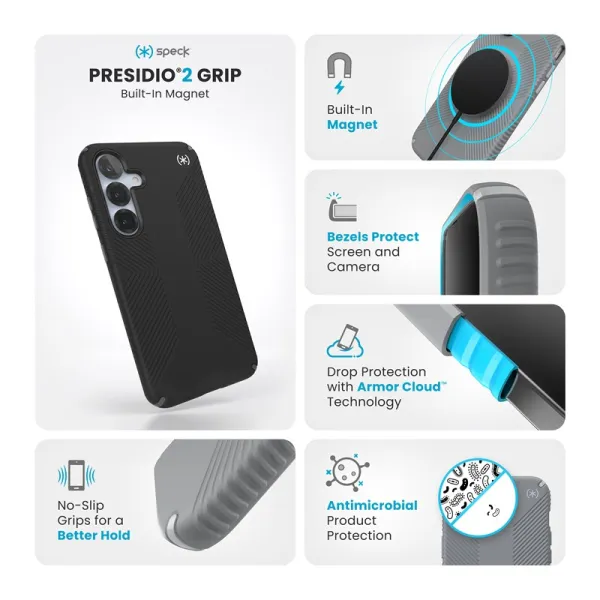 Speck Presidio2 Grip Magnet - Samsung Galaxy S25+ / 24+ MagSafe Case (Black/Slate Gray/White)