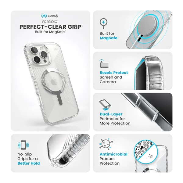 Speck Presidio Perfect-Clear Grip MagSafe - iPhone 16 Pro Max Case (Clear / Chrome Finish / Serene Silver)