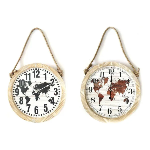 Sienas pulkstenis DKD Home Decor Melns Brūns Virve Koks MDF Pasaules Karte (2 pcs) (50 x 4 x 50 cm)