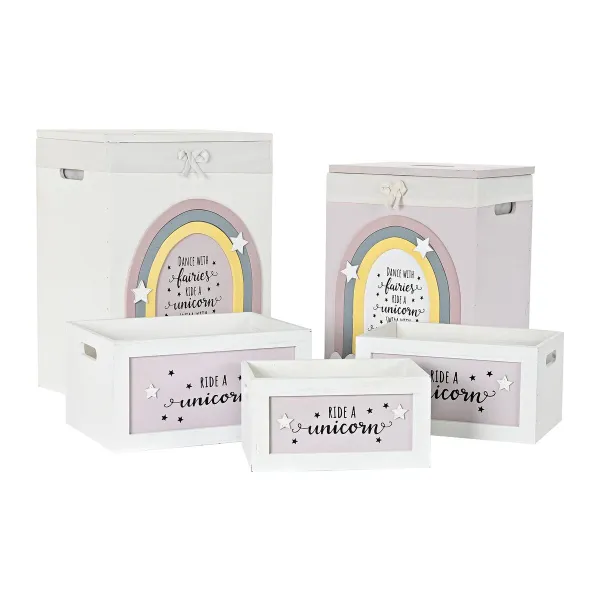 Set of Baskets DKD Home Decor Yellow White Grey Pink Paolownia wood Children's 40 x 30 x 55 cm 5 Pieces (5 Units)