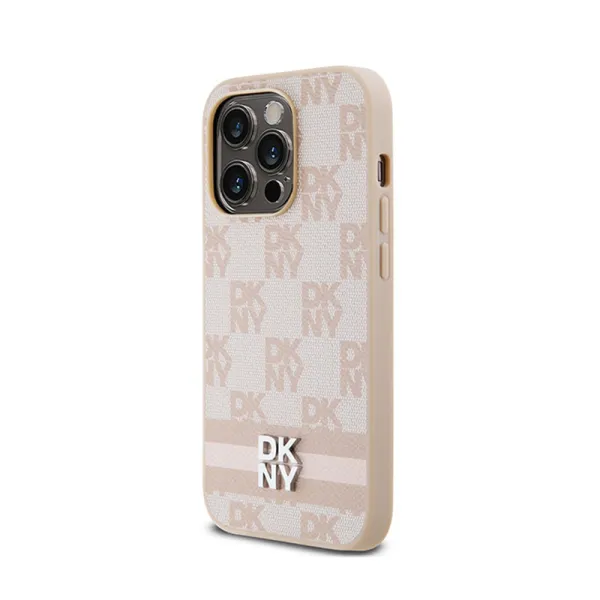 DKNY Leather Checkered Mono Pattern & Printed Stripes - iPhone 14 Pro Case (pink)