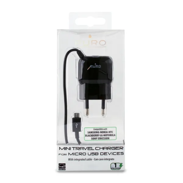 PURO Mini Travel Charger - Portable Wall Charger with Micro USB Cable (Black)