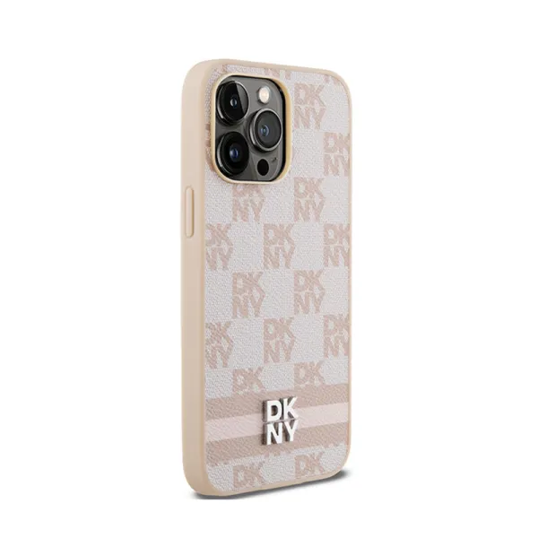 DKNY Leather Checkered Mono Pattern & Printed Stripes - Case for iPhone 14 Pro Max (pink)
