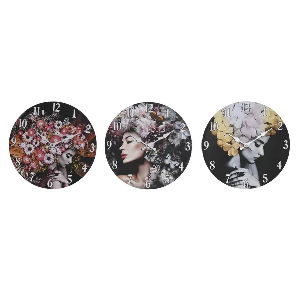 Sieninis laikrodis DKD Home Decor Juoda Spalvotas Gėlės Šiuolaikiškas Medžio MDF (34 x 4 x 34 cm) (3 vnt.)