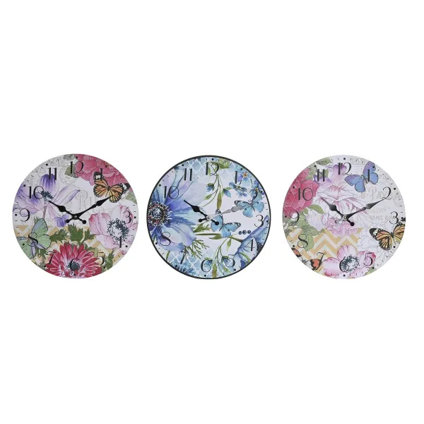 Настенное часы DKD Home Decor Разноцветный Цветы Деревянный MDF (34 x 4 x 34 cm) (3 штук)