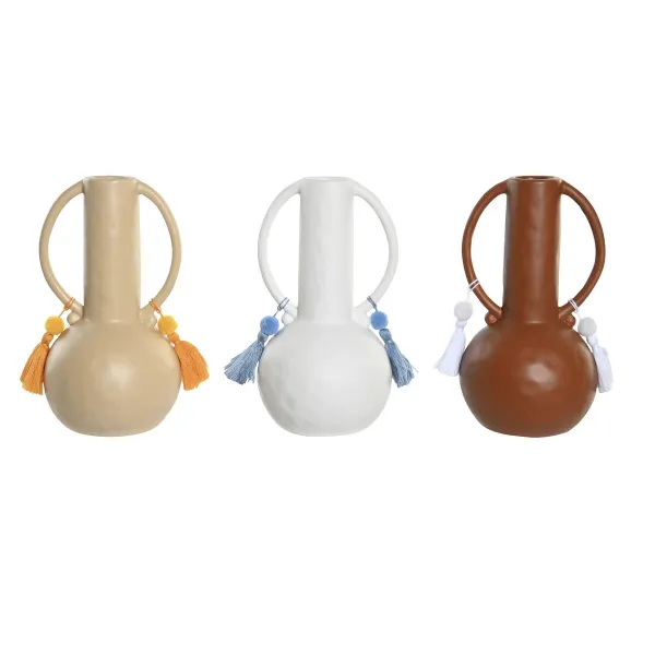 Vaza DKD Home Decor Balta Rusvai gelsva Degtas molis Dolomite Kutai 14 x 14 x 25,6 cm (3 vnt.)
