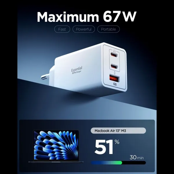 Spigen Essential EE673EU GaN Pro - Wall Charger 2x USB-C + USB-A 67W (White)
