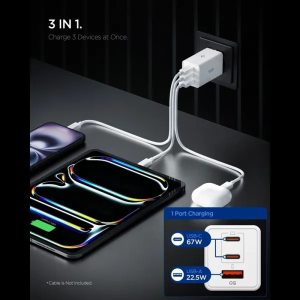 Spigen Essential EE673EU GaN Pro - Wall Charger 2x USB-C + USB-A 67W (White)