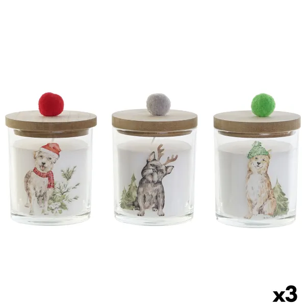 Candle DKD Home Decor Multicolour Pompoms Christmas 8 x 8 x 9 cm 8 x 8 x 11 cm (3 Units) (2 Units)