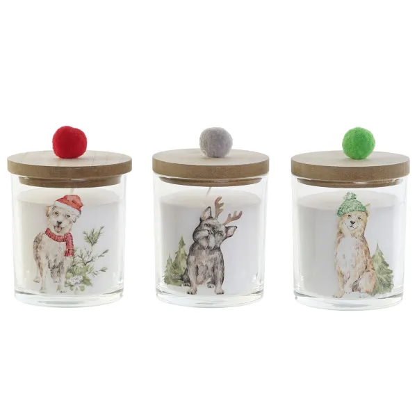 Candle DKD Home Decor Multicolour Pompoms Christmas 8 x 8 x 9 cm 8 x 8 x 11 cm (3 Units) (2 Units)