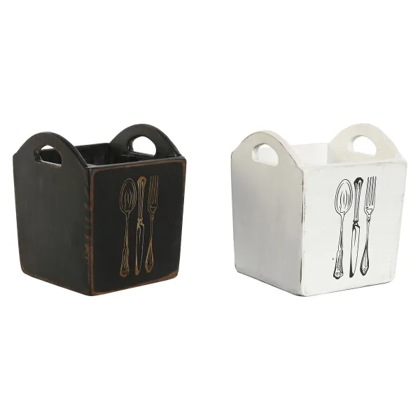Cutlery basket Home ESPRIT White Black Fir wood 15 x 15 x 18 cm