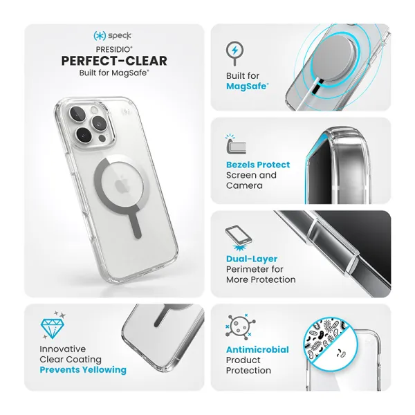 Speck Presidio Perfect-Clear MagSafe - iPhone 16 Pro Max Case (Clear / Chrome Finish / Serene Silver)