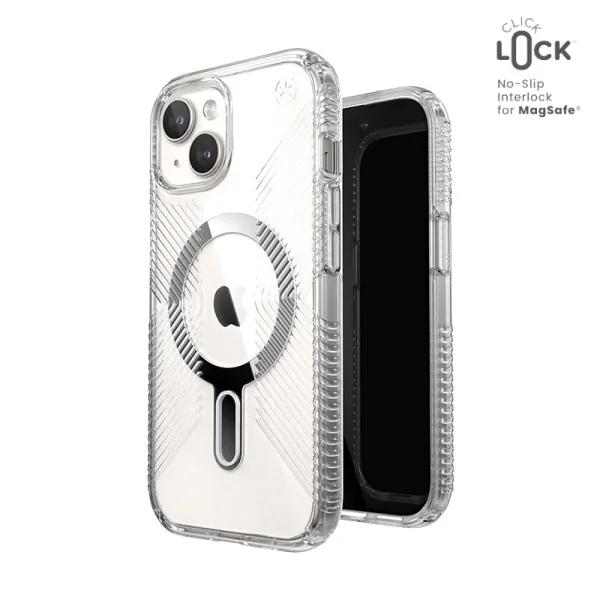 Speck Presidio Perfect-Clear Grip ClickLock & MagSafe - iPhone 17e / 16e / 15 / 14 / 13 Case (Clear / Chrome Finish / Serene Sil