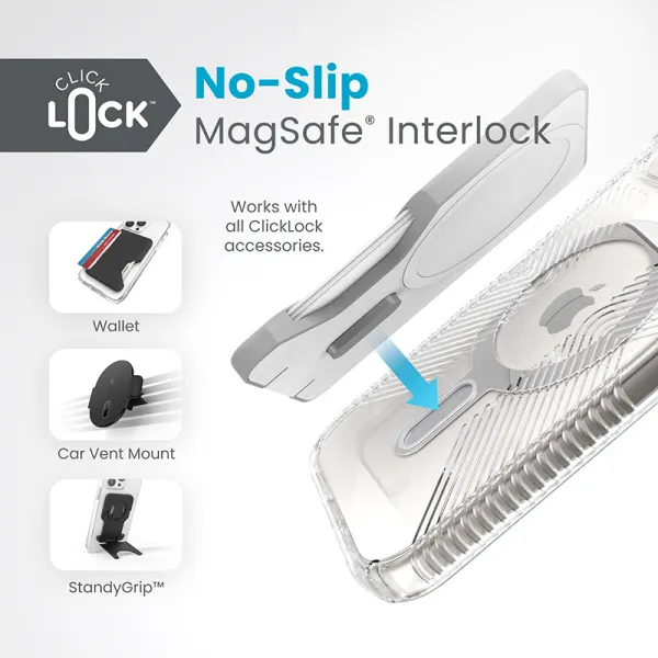 Speck Presidio Perfect-Clear Grip ClickLock & MagSafe - iPhone 17e / 16e / 15 / 14 / 13 Case (Clear / Chrome Finish / Serene Sil
