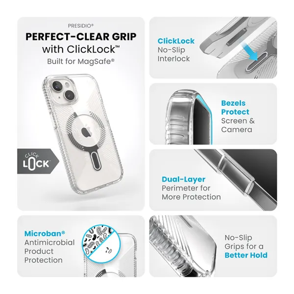 Speck Presidio Perfect-Clear Grip ClickLock & MagSafe - iPhone 17e / 16e / 15 / 14 / 13 Case (Clear / Chrome Finish / Serene Sil
