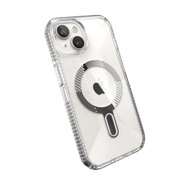 Speck Presidio Perfect-Clear Grip ClickLock & MagSafe - iPhone 17e / 16e / 15 / 14 / 13 Case (Clear / Chrome Finish / Serene Sil