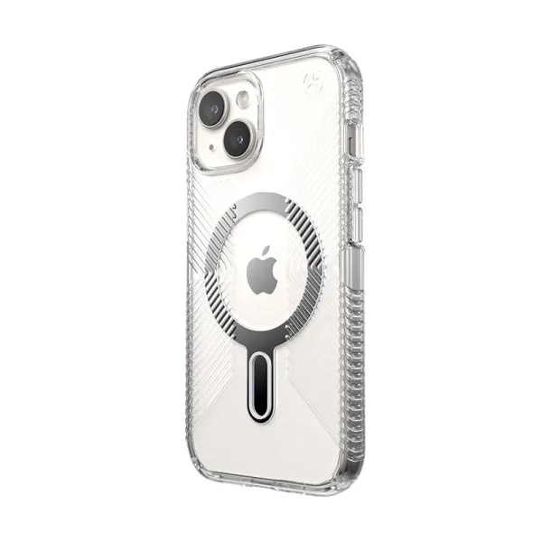 Speck Presidio Perfect-Clear Grip ClickLock & MagSafe - iPhone 17e / 16e / 15 / 14 / 13 Case (Clear / Chrome Finish / Serene Sil