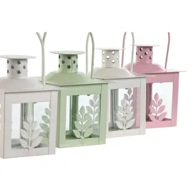 Žibintų rinkinys Home ESPRIT Balta Žalia Rožinė Stiklas Geležis Shabby Chic 7 x 7 x 10 cm (3 Dalys) (4 vnt.)