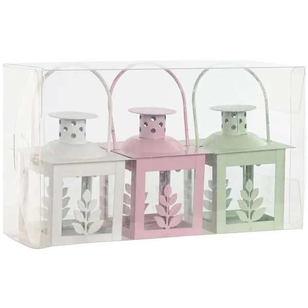 Lantern set Home ESPRIT White Green Pink Crystal Iron Shabby Chic 7 x 7 x 10 cm (3 Pieces) (4 Units)