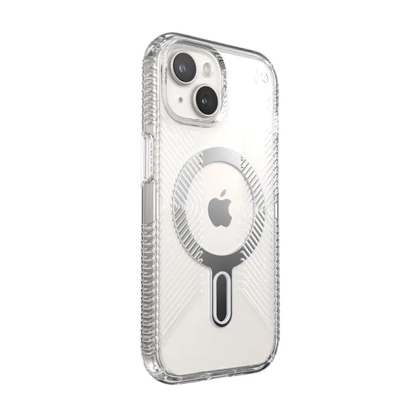 Speck Presidio Perfect-Clear Grip ClickLock & MagSafe - iPhone 17e / 16e / 15 / 14 / 13 Case (Clear / Chrome Finish / Serene Sil