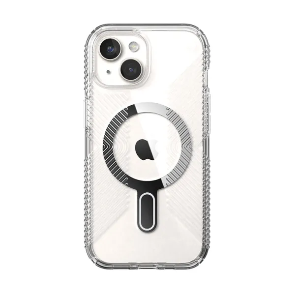Speck Presidio Perfect-Clear Grip ClickLock & MagSafe - iPhone 17e / 16e / 15 / 14 / 13 Case (Clear / Chrome Finish / Serene Sil