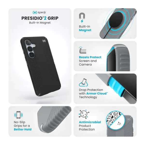 Speck Presidio2 Grip Magnet - Samsung Galaxy S25 / 24 MagSafe Case (Black/Slate Gray/White)