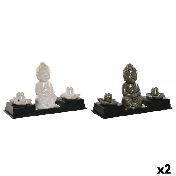 Essential oil burner Home ESPRIT Ceramic MDF Wood Buddha 24 x 8 x 14 cm (2 Units)