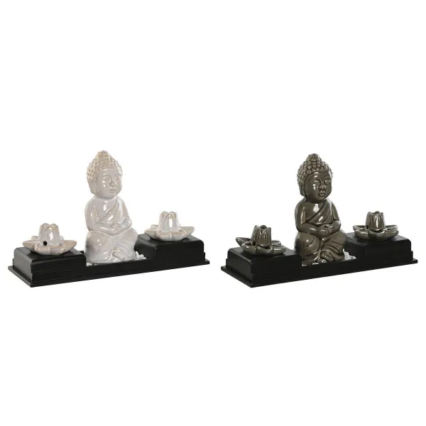 Eteeristen öljyjen poltin Home ESPRIT Keraminen Puu MDF Buddha 24 x 8 x 14 cm (2 osaa)