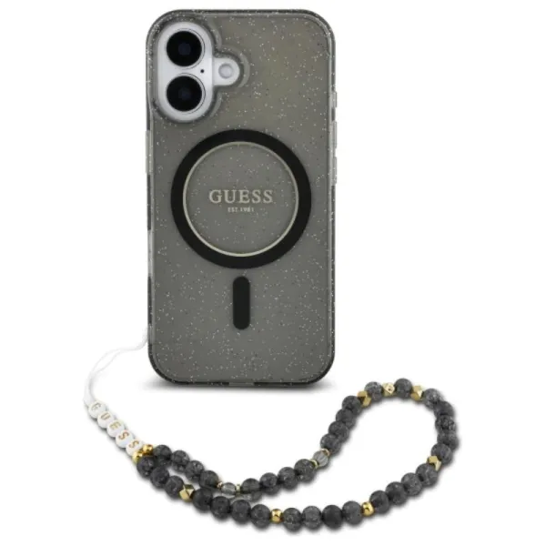 Guess IML Glitter With Pearl Strap MagSafe - Case for iPhone 16 (Black)