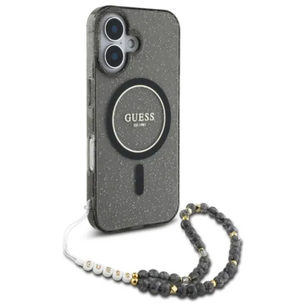 Guess IML Glitter With Pearl Strap MagSafe - Case for iPhone 16 (Black)