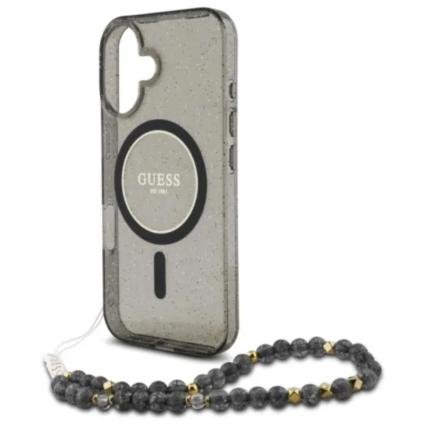 Guess IML Glitter With Pearl Strap MagSafe - Case for iPhone 16 (Black)