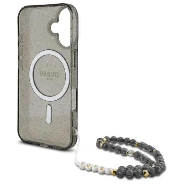 Guess IML Glitter With Pearl Strap MagSafe - Case for iPhone 16 (Black)