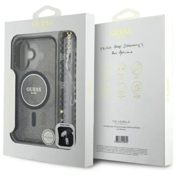 Guess IML Glitter With Pearl Strap MagSafe - Case for iPhone 16 (Black)