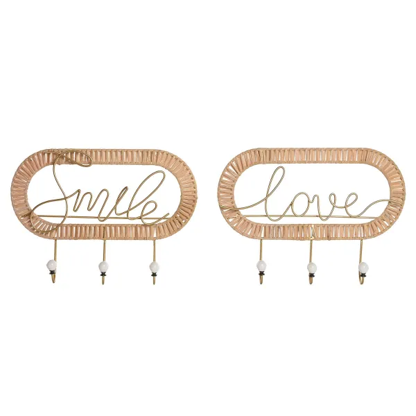 Wall mounted coat hanger Home ESPRIT Golden Natural Metal Rattan 40 x 6,4 x 28,6 cm (2 Units)