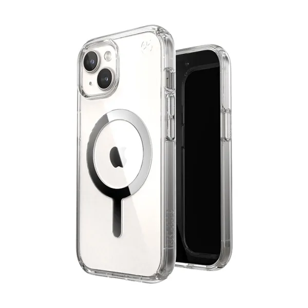 Speck Presidio Perfect-Clear MagSafe - iPhone 17e / 16e / 15 / 14 / 13 Case (Clear / Chrome Finish / Serene Silver)