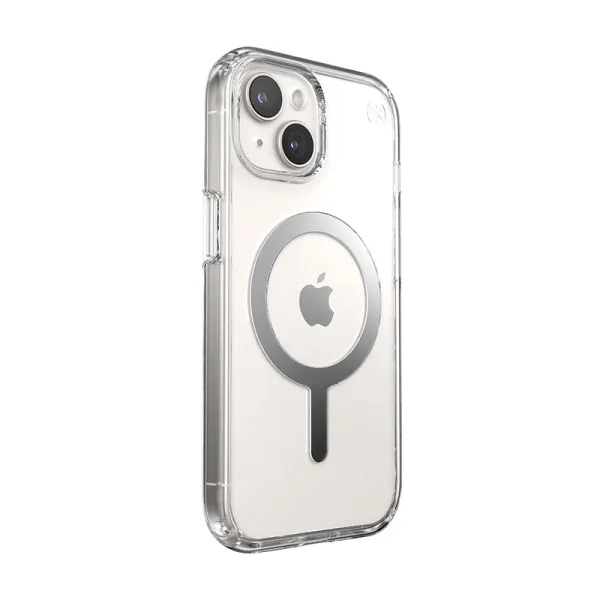 Speck Presidio Perfect-Clear MagSafe - iPhone 17e / 16e / 15 / 14 / 13 Case (Clear / Chrome Finish / Serene Silver)