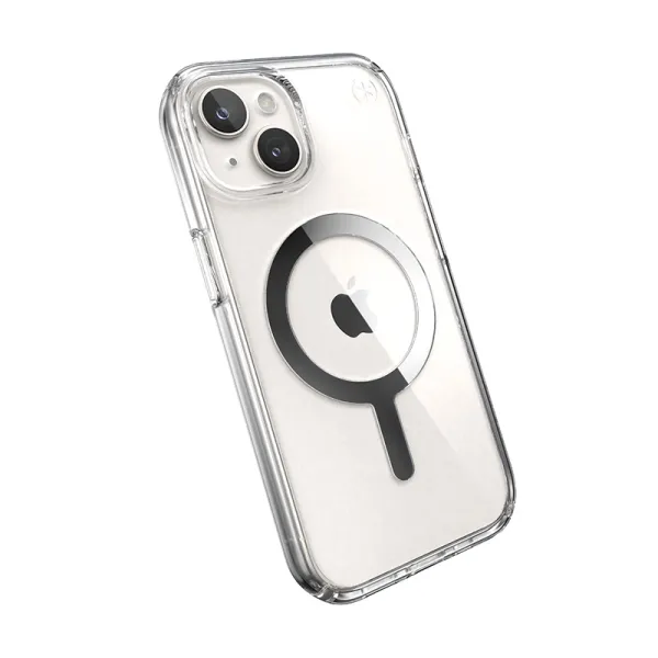 Speck Presidio Perfect-Clear MagSafe - iPhone 17e / 16e / 15 / 14 / 13 Case (Clear / Chrome Finish / Serene Silver)