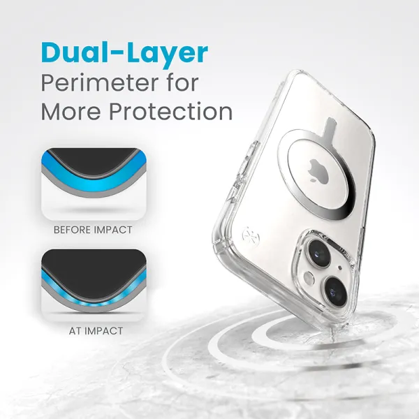 Speck Presidio Perfect-Clear MagSafe - iPhone 17e / 16e / 15 / 14 / 13 Case (Clear / Chrome Finish / Serene Silver)