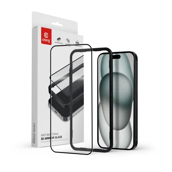Crong Anti-Bacterial 3D Armor Glass - 9H Full Glue Tempered Glass for iPhone 16 Plus / iPhone 15 Plus + Installation Frame