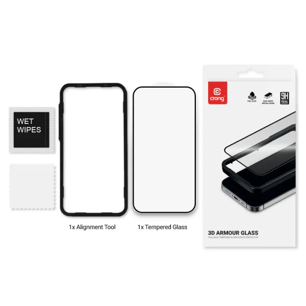 Crong 3D Armor Glass - 9H Full Glue Tempered Glass for iPhone 16 / iPhone 15 + Installation Frame