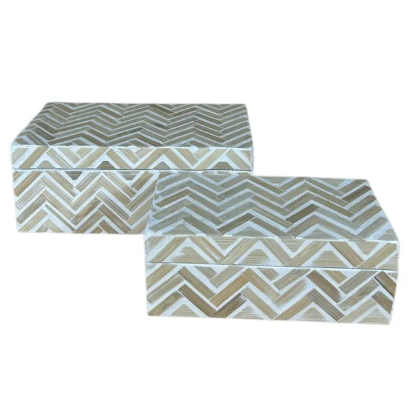 Set of decorative boxes Home ESPRIT White Brown Resin Bamboo Tropical (2 Units)