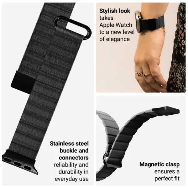 Crong Eclipse - Magnetic Leather Apple Watch Band 44/45/46/49 mm (Black)