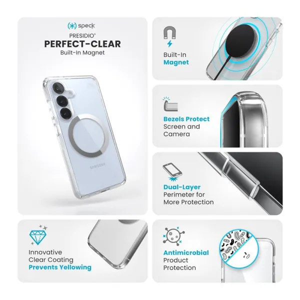 Speck Presidio Perfect-Clear Magnet - Case for Samsung Galaxy S25 / S24 MagSafe (Clear / Chrome Finish / Serene Silver)